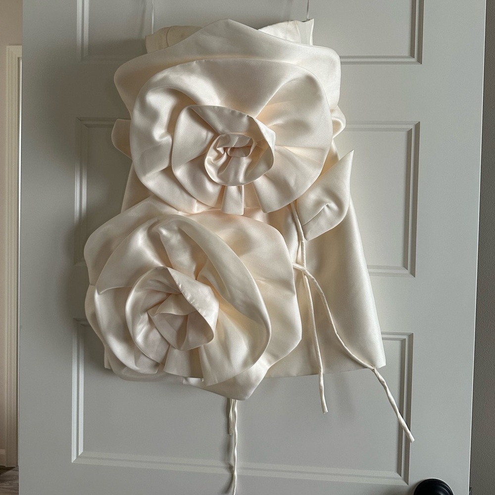 Ivory Floral Appliqué Satin Mini Dress